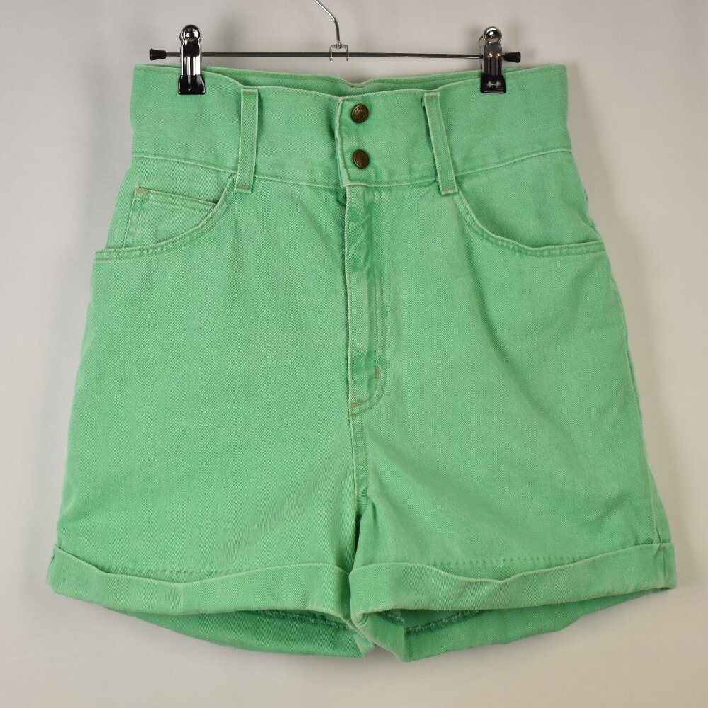 Vintage Faded Light Green Cotton High Rise Snap Button Jean Shorts Size 9/10